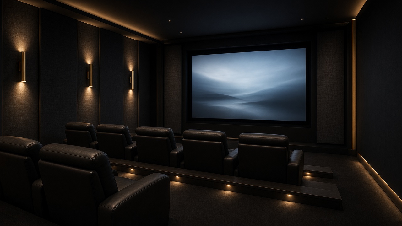 Dedicated home theater with projection screen and tiered seating