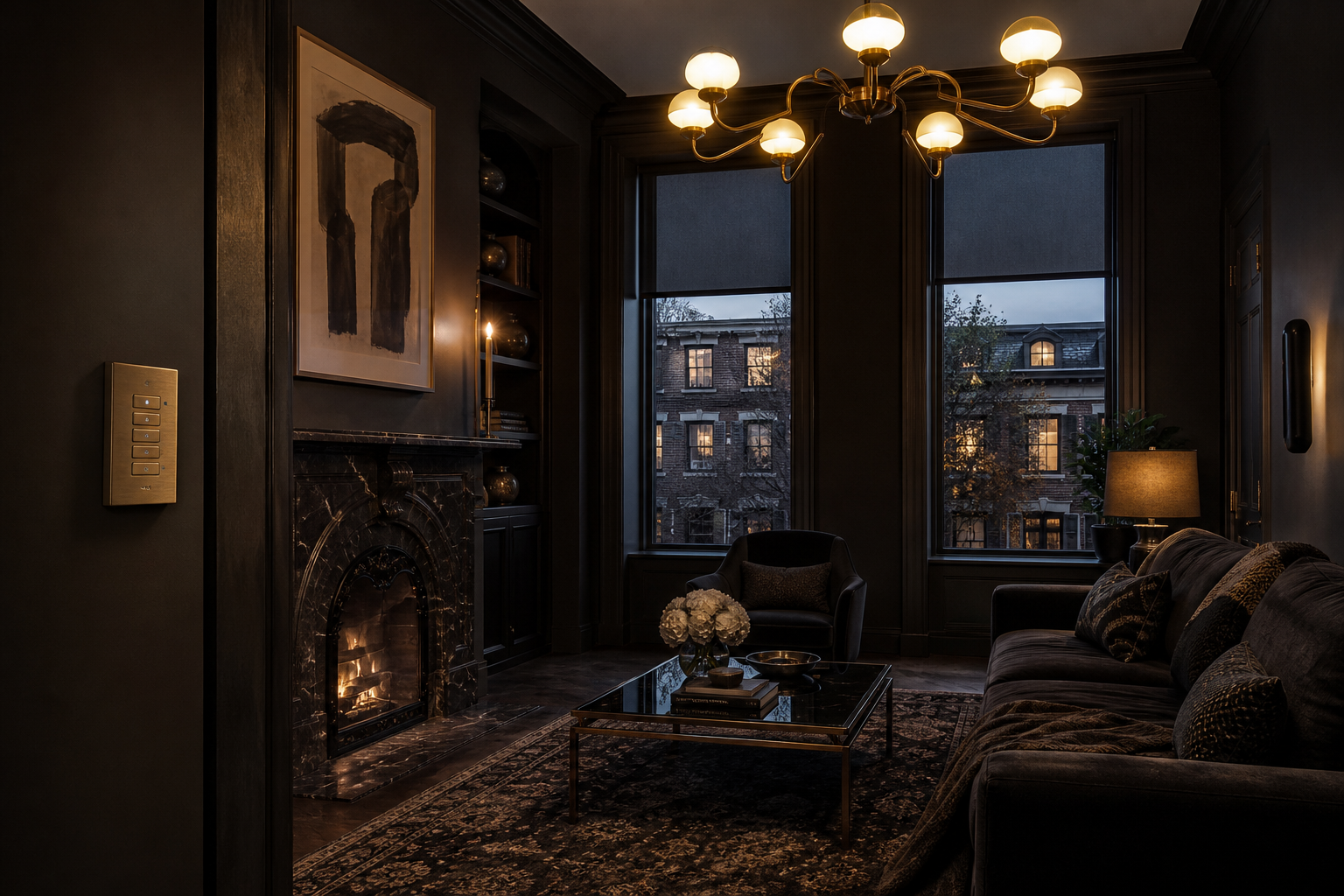 Luxury DC Metro living room with discreet Lutron lighting control and motorized shades