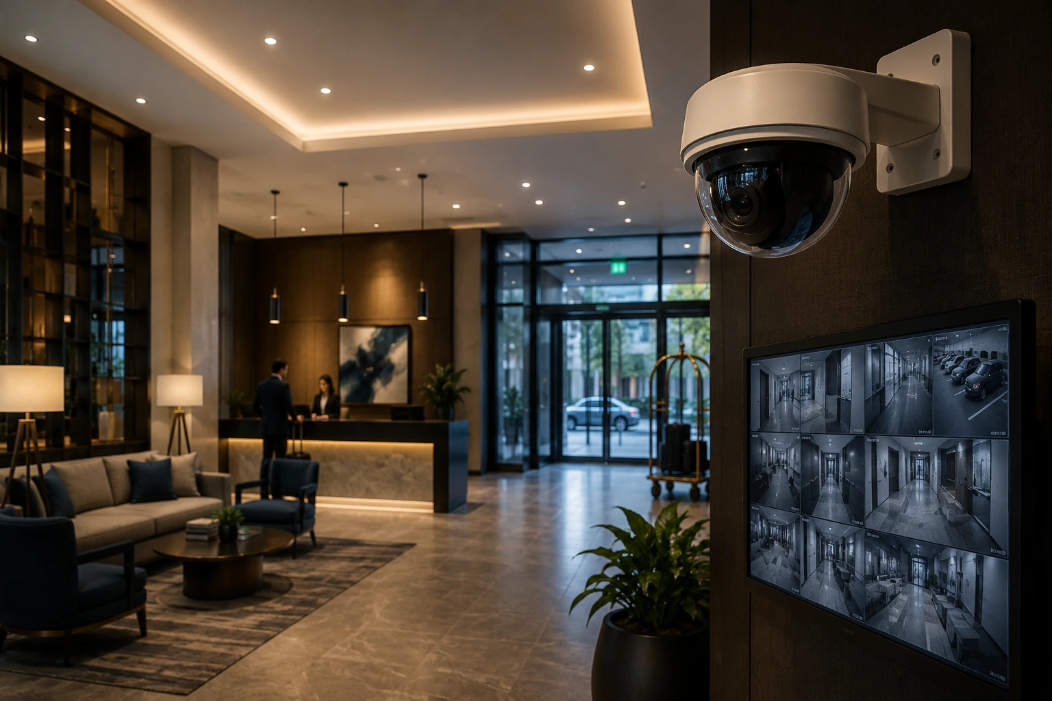Security cameras and access control systems installed in a modern property